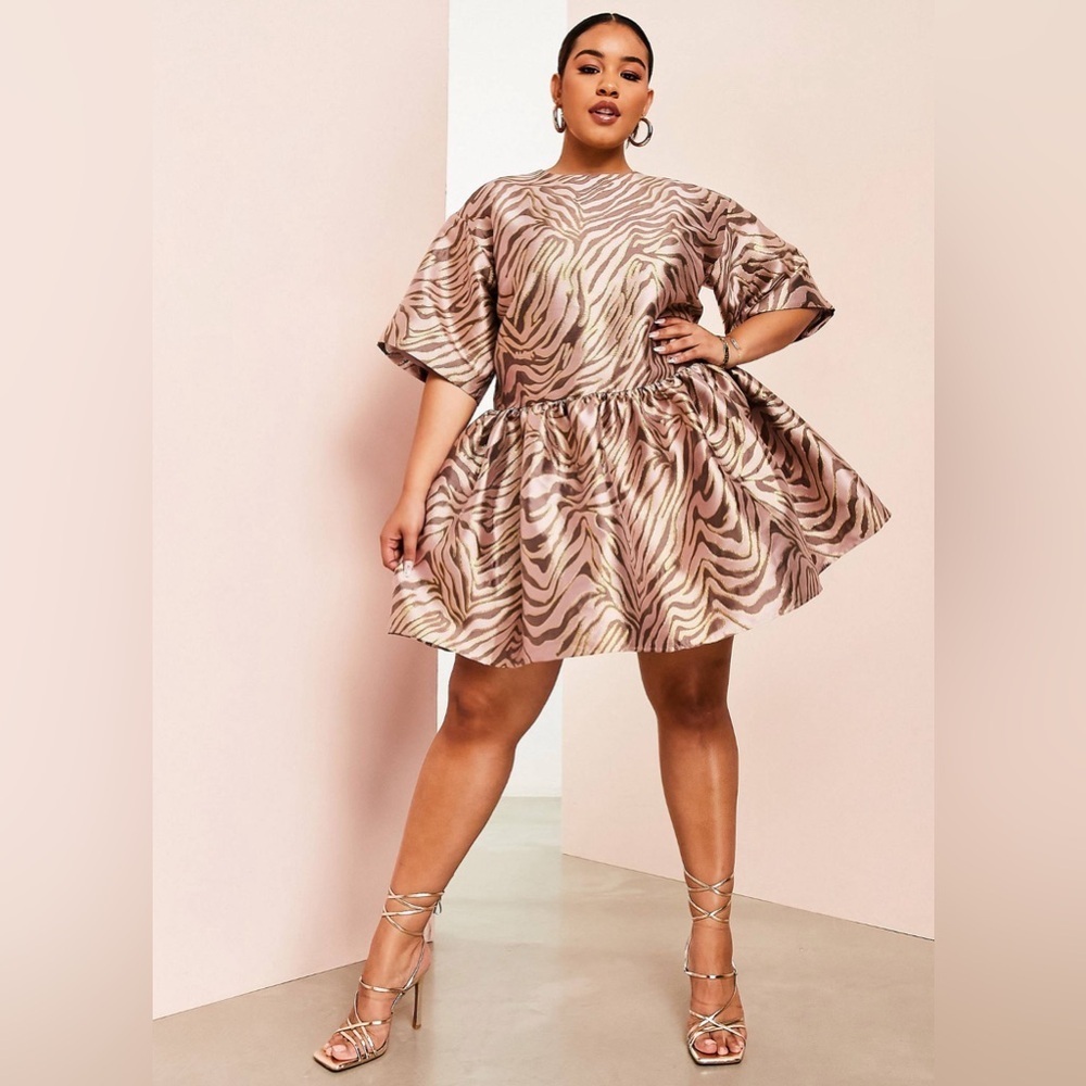 ASOS Luxe - Metallic Gold Animal Print Drop Waist Bow Mini Dress - Sz 20